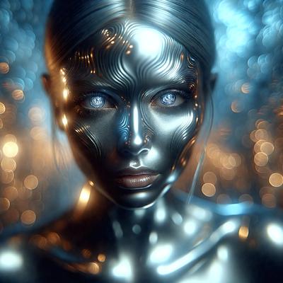 The primary subject of the image is a woman with a silver face, which appears to be a digital art or illustration. The setting is a dark room with a blue background, creating a moody atmosphere. The visual style is futuristic and artistic, with the woman's face being the main focus of the image. The colors are predominantly silver and blue, which contribute to the overall mood of the scene.